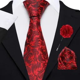 axlon Men's Micro Polyester Paisley Necktie Set with Pocket Square and Brooch Pin (Red, Free Size) image 2