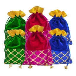 SATVIK Valvet Big Size Designer Potli, Dry Fruit Diwali Gift Packaging Bag Handmade Premium Fabric With Random Design Indian Housewarming Return Gift Items Bulk (Set Of 12),Multi image 5