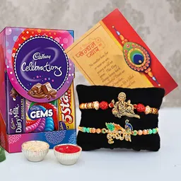 CraftVatika Set Of 2 Rakhi For Brother With Chocolate Combo, Gift For Brother, Ganesha Rakhi Krishna Rakhi For Bro With Cadbury Celebration Chocolate Pack Pair Couple Rakhi Set Of 2, Multicolor 70 Gms image 1