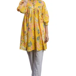 janasya Women's Pure Cotton Tropical Floral Printed Gathered Tunic image 1