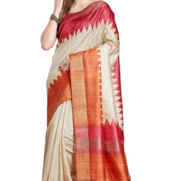 rani saahiba Women's Printed Art Tussar Silk Zari Border Saree With Blouse Piece image 1