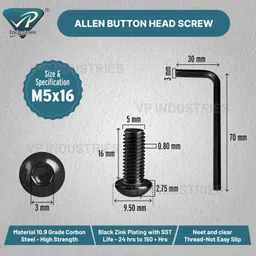 Rely®⇒VP INDUSTRIES (Pcs-25) M5x16 mm Button Head Cap Screw High Tensile 10.9 Grad| Allen Head Button Cap Screw with Allen Key 1 Pc Free | Allen Round Mushroom Head Screw Alloy Steel Black image 2