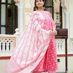 yash gallery Women's Cotton Floral Printed Anarkali Kurta with Pants & Dupatta Set image 2
