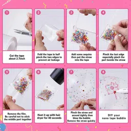 ramoni Nano Tape Kit, Nano Tape 5CM*3M, 27 Pcs DIY Nano Tape Bubbles Kit for Making Bubbles Nano Tape with Glitter Flakes Stars Straw for Balloon Double Sided Ivy Grip Tape for Walls Reusable DIY kit image 3