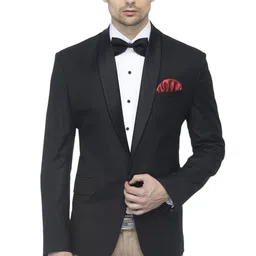 favoroski Designer Men's Solid Poly Viscose Slim Fit Shawl Collar Tuxedo Suit Blazer, Navy Blue image 1