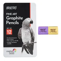BRUSTRO Artists Fineart Graphite Pencils, Set of 12 (10B-2H) | with ECO PVC Dust Free Eraser (Pack of 2) | Ideal for Drawing,Sketching,Mandala,Shading,Artwork, Artists, Professionals. image 1
