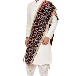 parangat Men's Velvet Flower Gold Print Sherwani Dupatta with Tassels (Maroon,Free Size) image 3