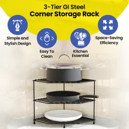 WonderStand KONA+ | 3-Tier GI Steel Corner Storage Rack for Home, Kitchen and Living Room With extra base shelf : A Versatile Solution to Organize Kitchen Plate and Dishes (Black) image 3