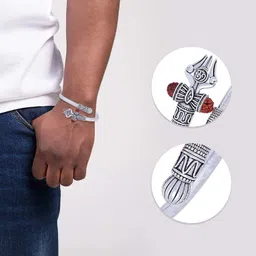 fete propz Brass Metal Rudraksha Shiv Trishul Damroo Pure Brass Copper Silver OM Mahakal Kada Open Mahadev Bracelet for Men and Boys Stylish(Set of-1) image 3