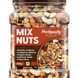 PrettyNutty Healthy Nutmix 500g, Dried Almonds, Black Raisins, Cashewnuts, Cranberries, Black Dates & Many More. (Pack of Jar) image 1