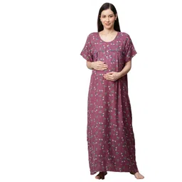 momtobe Women's Cotton Blend Maxi Maternity Nighty/Feeding Nighty/Pregnancy Night Gown/A-Line Nursing Nighty With Zippers for Nursing Pre and Post Pregnancy - (2003mtbpurpleflrfn-Free_Plum Purple_Free Size) image 1