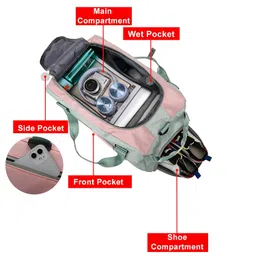 storite Nylon 46 Cm Multi Purpose Travel Duffle Bag for Women with Dry and Wet Separate Pocket, Lightweight Waterproof Backpack Carry Luggage Bag with Shoe Compartment (GreenPink, 46x23x25 cm) image 4