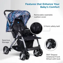 Mee Mee Dream Star Luxury Baby Stroller/Pram | 5 Point Safety Harness, One Hand Fold | Adjustable Seat, Canopy & Footrest | Fully Rotating Wheels for 0-3 Yrs (Dark Blue) image 3