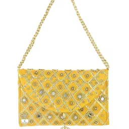 Kuber Industries Silk Traditional Mirror Work Envelope Clutch/Hand Purse Bag for Women/Girls (Gold)-KUBMART11451 image 1