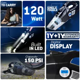 woscher Woscherr 578D 2in1 Tyre Inflator for and Car Vacuum Cleaner, DC12V|150 PSI Digital Air Pump for Car Tyre|120 Watt Car Vacuum Cleaner High Power 5500PA Handheld|LED Light| Auto Shut Off| Wet/Dry Use image 2