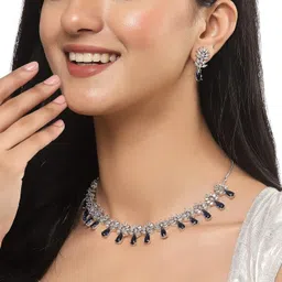 zeneme Rhodium-Plated Silver Toned Teardrop Shaped American Diamond Studded Necklace Earrings Jewellery Set for Girls and Women image 4