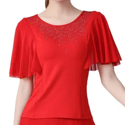 bnf® Elegant Women Dance Tops Bell Sleeves Short Sleeve for Cha Cha Practice Tops XL Red image 1