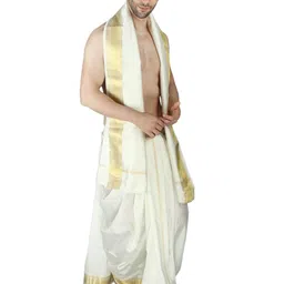exotic india Cream Dhoti and Angavastram with Golden Woven Border image 5