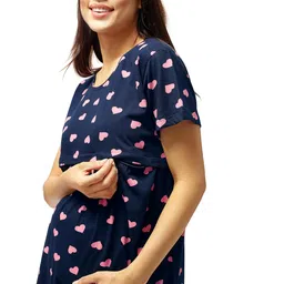 lotik Women's Cotton Navy Blue Heart Printed Maternity & Feeding Calf Length Short Nighty image 2