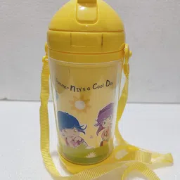 PUTHAK Cute Water Bottles with Straw for Kids Girls Boys, BPA FREE Leak Proof Flip Top Lid & Silicone Sipper & Soft Carry Neck Strap, 500ml (Cartoon Printed) (Yellow) image 1