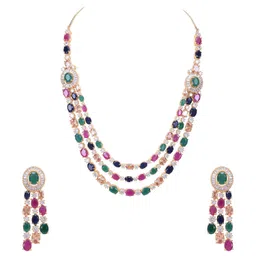 ratnavali jewels American Diamond Fashion Jewellery Red Green Blue White Multi Layer Necklace Set with Earring for Women/Girls RV3006M image 1