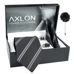 axlon Mens Plaid Micro Self Silk Necktie Gift Set With Pocket Square Cufflinks & Brooch Pin Tie for Men Formal Tie Set with Box (Pack of 4) (Black, 2022AX_3) image 2