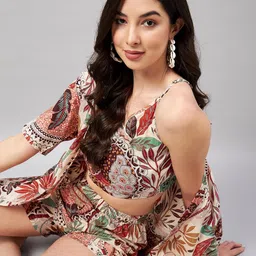 winered Cotton Woman Beige 3Pcs Coord Set With Shorts, Floral image 2