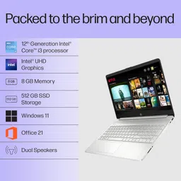 HP 15s,12th Gen Intel Core i3-1215U, 8GB DDR4, 512 GB SSD(Win 11, Office 21, Silver, 1.69kg), Anti-Glare, 15.6inch(39.6Cm), FHD Laptop, Intel UHD Graphics, Dual Speakers, HD Camera, fy5006tu image 3
