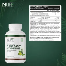 INLIFE Plant Based Vitamin B12 Supplements for Men & Women | Supports Nerve Health & Brain Health | Superfood Formula | B12 from Spirulina Extract - 120 Vegetarian Capsules (Pack of 1, 120) image 2