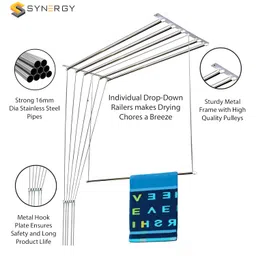 Synergy - 6 Pipes x 6 Feet - Heavy Duty Stainless Steel Ceiling Cloth Dryer/Cloth Hanger/Cloth Drying Stand for Balcony/Clothes Stand for Drying with Individual Drop Down Pipes (SY-CL3) image 4