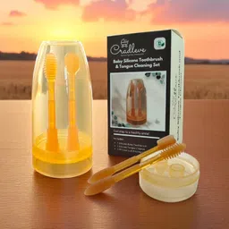 CRADLEVE Silicone Baby Toothbrush and Tongue cleaner with PP case/Cup - BPA-Free | Soft Silicone Bristle Toothbrush & Tongue Cleaner with dual use Mouthwash/Anti-Dust Storage Cup | Tooth Brush Set for Infant and baby (0-36 Months) image 1