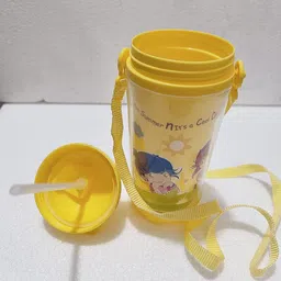 PUTHAK Cute Water Bottles with Straw for Kids Girls Boys, BPA FREE Leak Proof Flip Top Lid & Silicone Sipper & Soft Carry Neck Strap, 500ml (Cartoon Printed) (Yellow) image 4