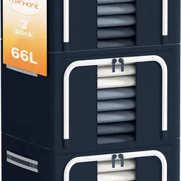 Furnhome Clothes Storage Organizer Bins, Stackable Storage Bins-Foldable Oxford Cloth Steel Frame Storage Box For Clothing With Clear Window & Reinforced Handles (Navy, 66L,3Pcs), Fabric image 1