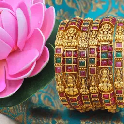 NAGNESHI ART Gold Plated Patterned Bangles with Colored Stones and Antique Lakshmi For Women (Set of 6)_Size-2.8-255 image 5