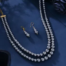 zaveri pearls Grey Colour Double Layer Long Beaded Necklace & Earring Set For Women -ZPFK16191 image 3