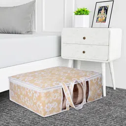 Kuber Industries Blanket Cover | Waterproof Underbed Storage Bag | Wardrobe Storage Bag | Visible Window with Handle | Bedding Clothes Bag | Flower Quilted Comforter Bag | Golden image 5