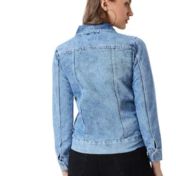 miss chase Women's Light Blue Collared Solid Full Sleeve Regular Length Denim Jacket image 4