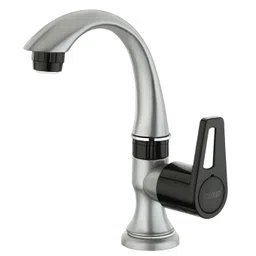 Monit Swan Neck Basin Tap, White and Black, Modern Single Handle Design, Pillar Cock, wash basing tap, with teflone tap (Metallic Grey - Black Dual) (SWAN Neck) image 2