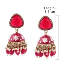 zaveri pearls Rani Pink Meenakari Stone & Cluster Beads Embellished Yellow Gold Jhumki Earring For Women-ZPFK14919 image 5