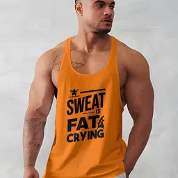 bab being beast apparel BAB Men’s Scoop Neck Gym Vest | Men Regular Fit Vest | Men's Sports Wear | Polyester Sando | Innerwear | Sweat is Fat Crying Printed image 3