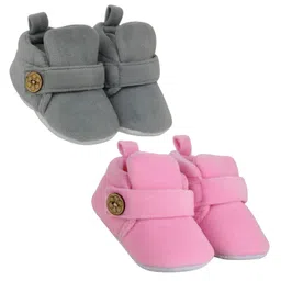 neska moda Baby Boys & Girls 6 to 12 Months Pack of 2 Pair Velvet Hook & Loop Booties (Baby Pink,Grey)-BT785andBT1590 image 1