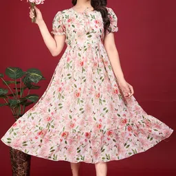 hosi Women's Georgette Floral Printed Puff Sleeve A Line Maxi Dress image 5