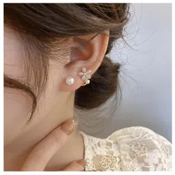 andelaisi Boho Crystal Pearl Ear Jackets Earrings Gold Pearl Flower Ear Cuff Jacket Earrings Vintage Pearl Front Back Earrings Sparkly Crystal Cz Flower Earrings Jewelry for Women, Metal Crystal Cubic image 2
