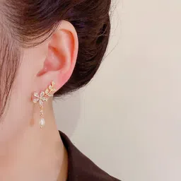 sgoeths Crawler Earrings For Women Cubic Zirconia Flower Drop Dangle Earrings For Sparkly Rhinestone Crystal Crawler Stud Curved Climber Cartilage Earrings With Tassel Chain for Bridal Wedding Jewelry image 2