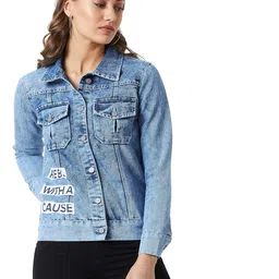 miss chase Women's Light Blue Collared Solid Full Sleeve Regular Length Denim Jacket image 2