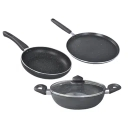 Prestige Omega Deluxe Granite Aluminium 3 Pcs Set- Tawa, Fry Pan & Kadai with 1 Glass Lid|Non-Stick|Spatter-Coated Surface|Induction & Gas Compatible|Black image 1