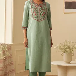 gosriki Women's Cotton Blend Embroidered Straight Kurta with Pant & Dupatta image 4