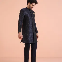 kisah Men's Sherwani Trouser Set, Indo-Western Blue Jacquard, Woven Design Regular Fit Mandarin Collar Long Sleeves image 3