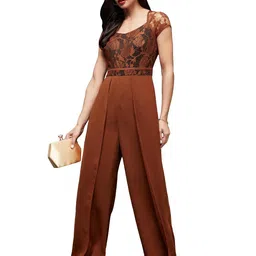 miss chase Women's Sweetheart Neck Raglan Sleeve Floral Lace Overlaid Crepe Regular Length Jumpsuit image 1