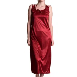 nightdoll Women's Satin Maroon Nightwear/Nightdress 4pc Set Nighty, Wrap Gown, Bra & Thong Set image 3